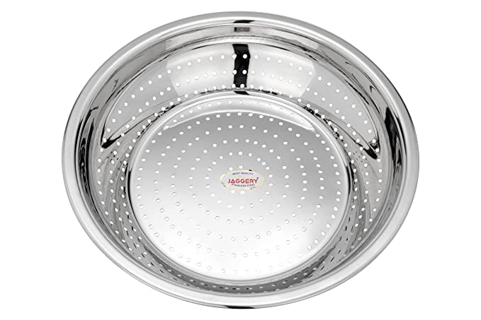 JAGGERY Stainless Steel Multipurpose Heavy Gauge Hole Parat, Rice Strainer,Chalni (Dia - 35 cm)