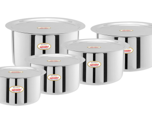 JAGGERY Brand- Stainless Steel Round Bottom Heavy Gauge Patila/Bhagona/Tapeli/Tope 1 LTR to 3 LTR (Pack of 5) 1.1 LTR, 1.4 LTR, 1.8 LTR, 2.4 LTR, 3 LTR