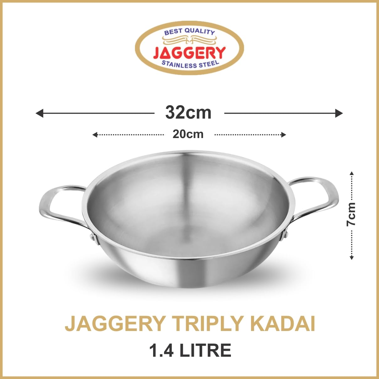 JAGGERY Triply Stainless Steel 1.4 litres Kadai with Stainless Steel Lid, 20 cm Kadhai with Lid, 3 Layer Stainless Steel Cookware, Induction Bottom and Gas Stove Ready