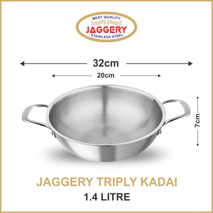 JAGGERY Triply Stainless Steel 1.4 litres Kadai with Stainless Steel Lid, 20 cm Kadhai with Lid, 3 Layer Stainless Steel Cookware, Induction Bottom and Gas Stove Ready