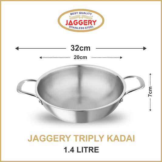 JAGGERY Triply Stainless Steel 1.4 litres Kadai, 20 cm Kadhai, 3 Layer Stainless Steel Cookware, Induction Bottom and Gas Stove Ready