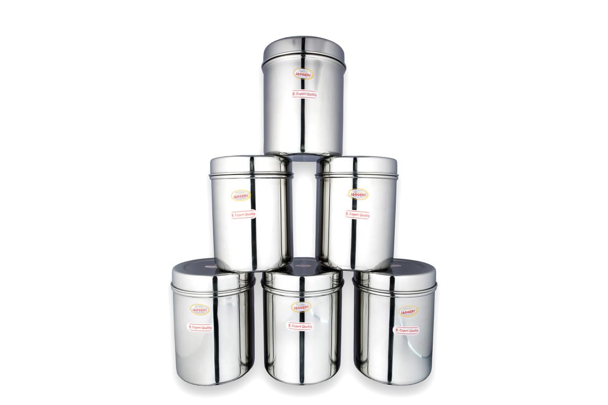 JAGGERY® Stainless Steel Tall Container, Ubha Dabba (Set of 6) (Dia_ 12 cm, Height 15 cm, Capacity_1.5 Litre)