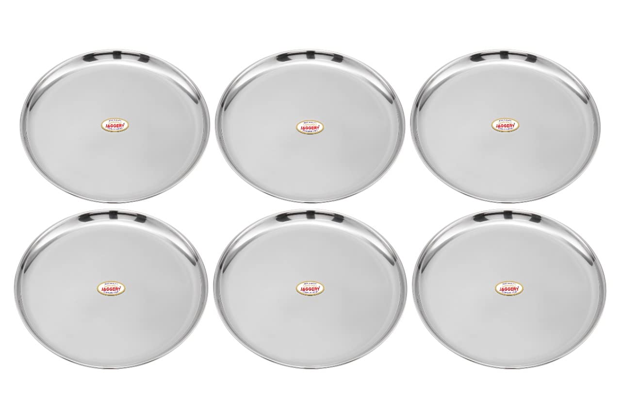 JAGGERY® Stainless Steel Dinner Thali, Lunch Dinner Thali Plates, Bangla Bogi Full/Standard Size Plate,Pack of 6, Dia - 26 Cm