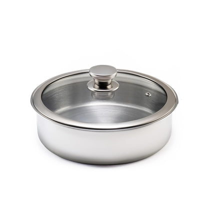JAGGERY Triply Stainless Steel Shallow Tope with Glass Lid | Induction & Gas Compatible Patila | Cook and Serve | Triply Saucepot No Handles/Fry Pan | Heavy Duty Cookware