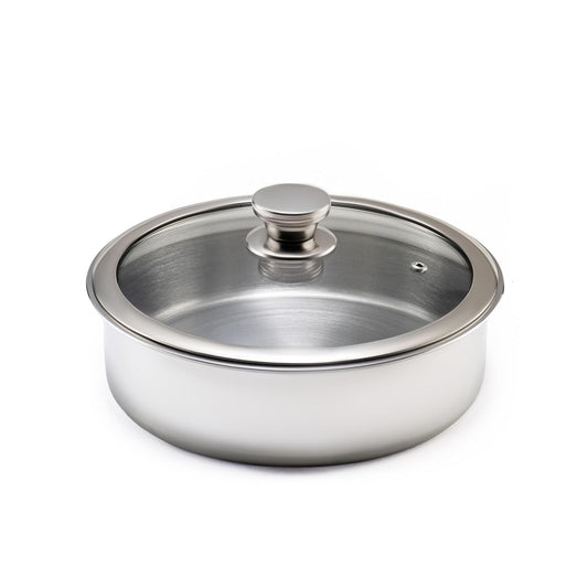 JAGGERY Triply Stainless Steel Shallow Tope with Glass Lid | Induction & Gas Compatible Patila | Cook and Serve | Triply Saucepot No Handles/Fry Pan | Heavy Duty Cookware