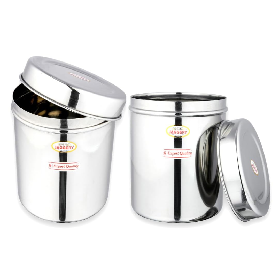 JAGGERY Stainless Steel Tall Container, Ubha Dabba (Set Of 2) (Dia_14 Cm, Height_ 17 Cm, Capacity_ 2 Litre),Silver
