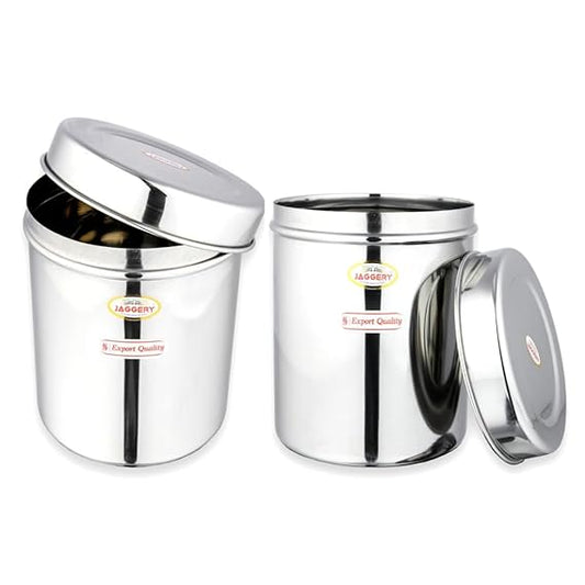 JAGGERY Stainless Steel Tall Container, Ubha Dabba (Set Of 2) (Dia_14 Cm, Height_ 17 Cm, Capacity_ 2 Litre),Silver