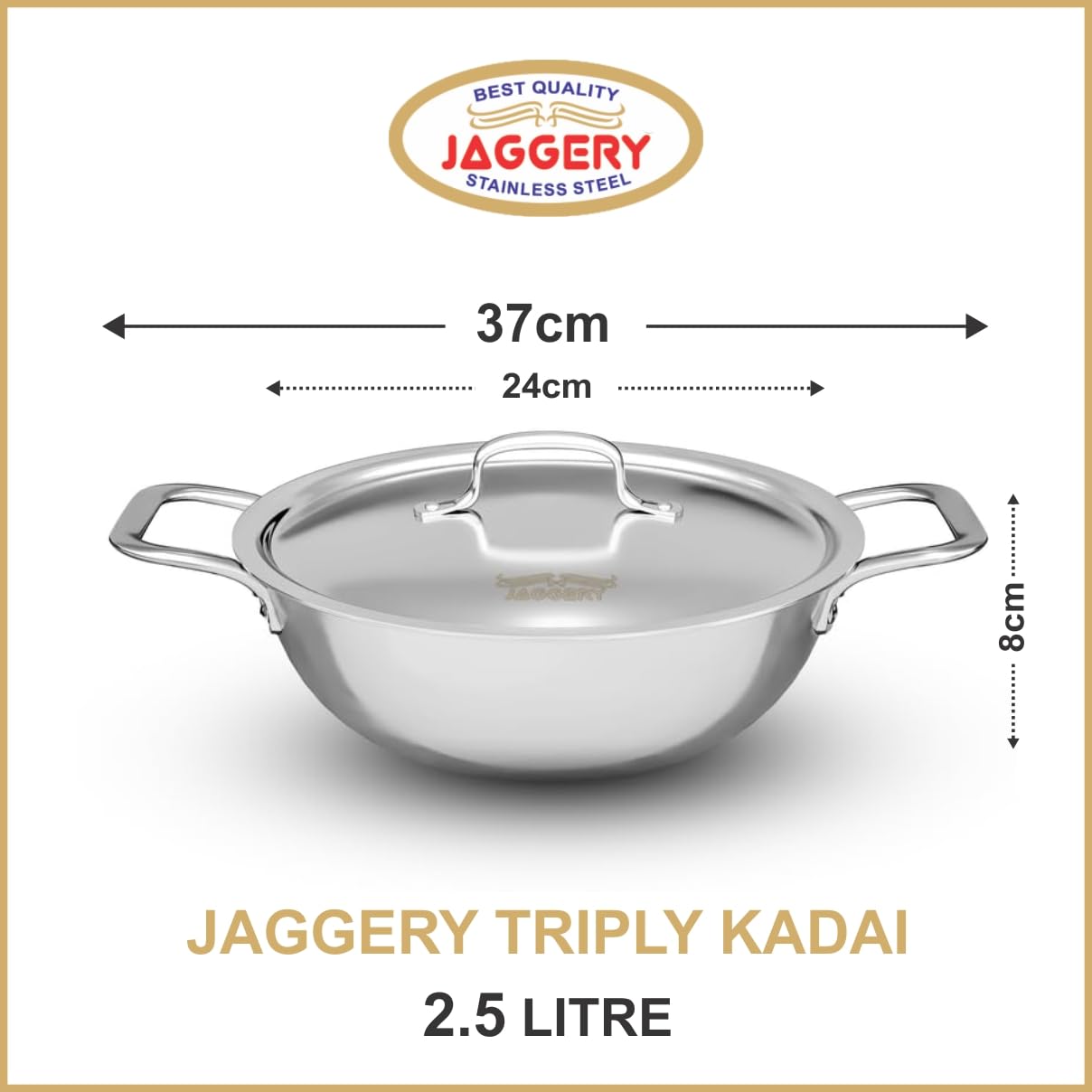 JAGGERY Triply Stainless Steel 2.5 litres Kadai with Stainless Steel Lid, 24 cm Kadhai with Lid, 3 Layer Stainless Steel Cookware, Induction Bottom and Gas Stove Ready