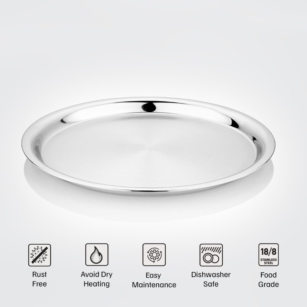 Vinod Stainless Steel Two Tone German Bogi Plate, Lunch & Dinner Plate, Set of 6 Pieces, Diameter 30 cm, Smokey Grey, Large