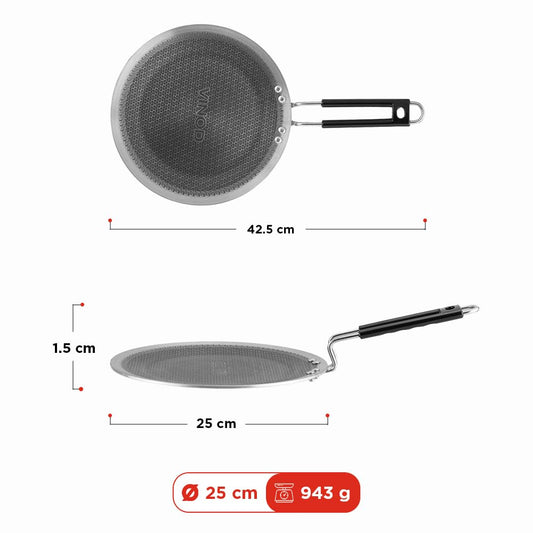 Vinod SAS Pro Platinum Triply Stainless Steel Tawa 25 cm | HexaShield Design Stick-Resistant Surface  Induction Compatible