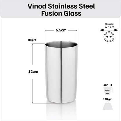 Vinod Stainless Steel Fusion Glass-Six Glasses in one Box - 400 ML