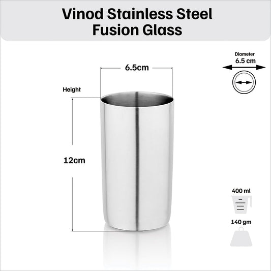 Vinod Stainless Steel Fusion Glass-Six Glasses in one Box - 400 ML