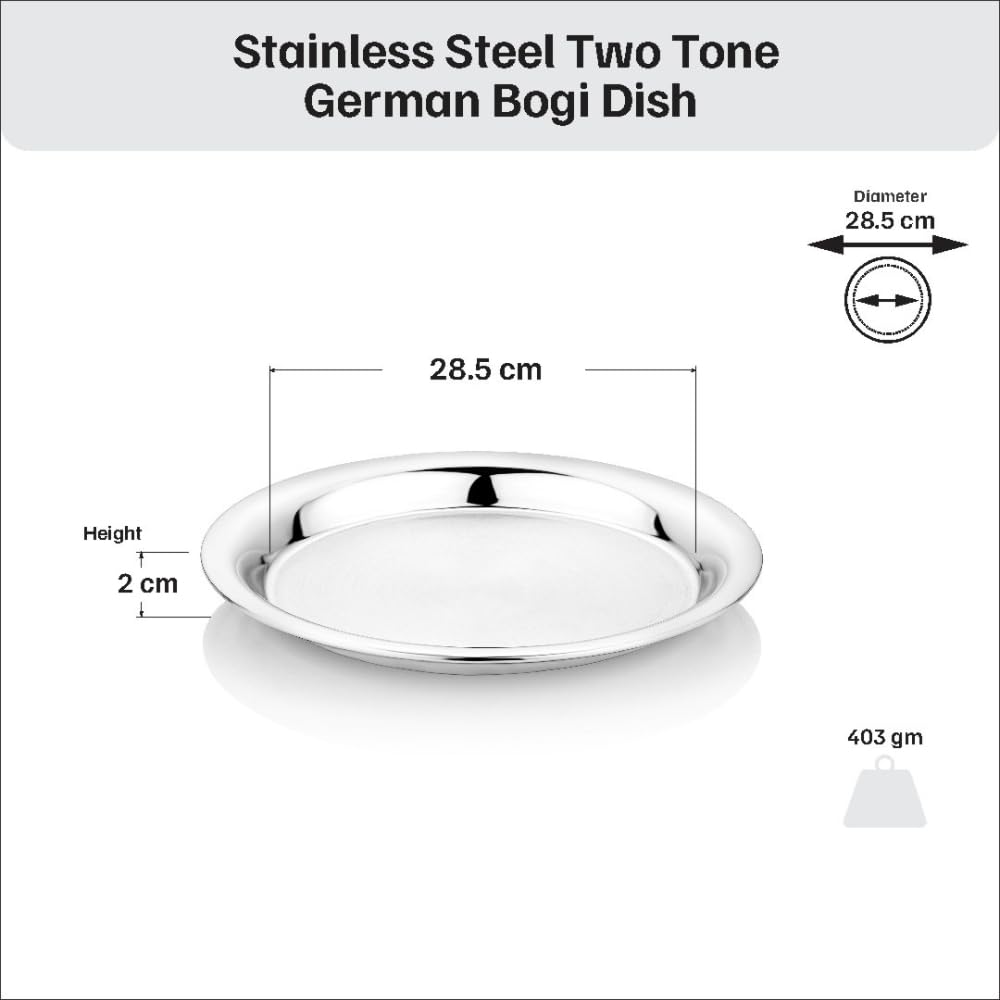 Vinod Stainless Steel Two Tone German Bogi Plate, Lunch & Dinner Plate, Set of 6 Pieces, Diameter 28.5 cm, Smokey Grey, Large