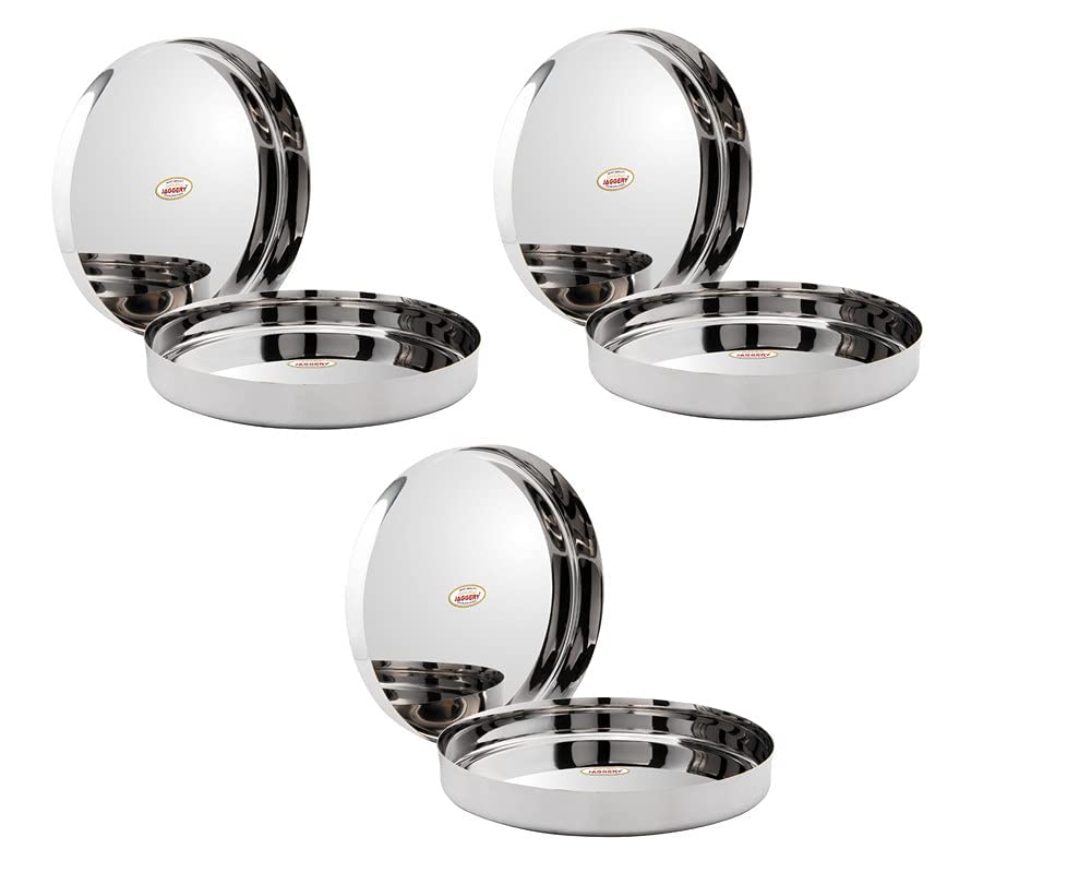 JAGGERY® Stainless Steel Heavy Gauge Dinner Plates, Lunch Dinner Thali Plates, (Khumcha-13, Dia 28 cm (Pack of 6)