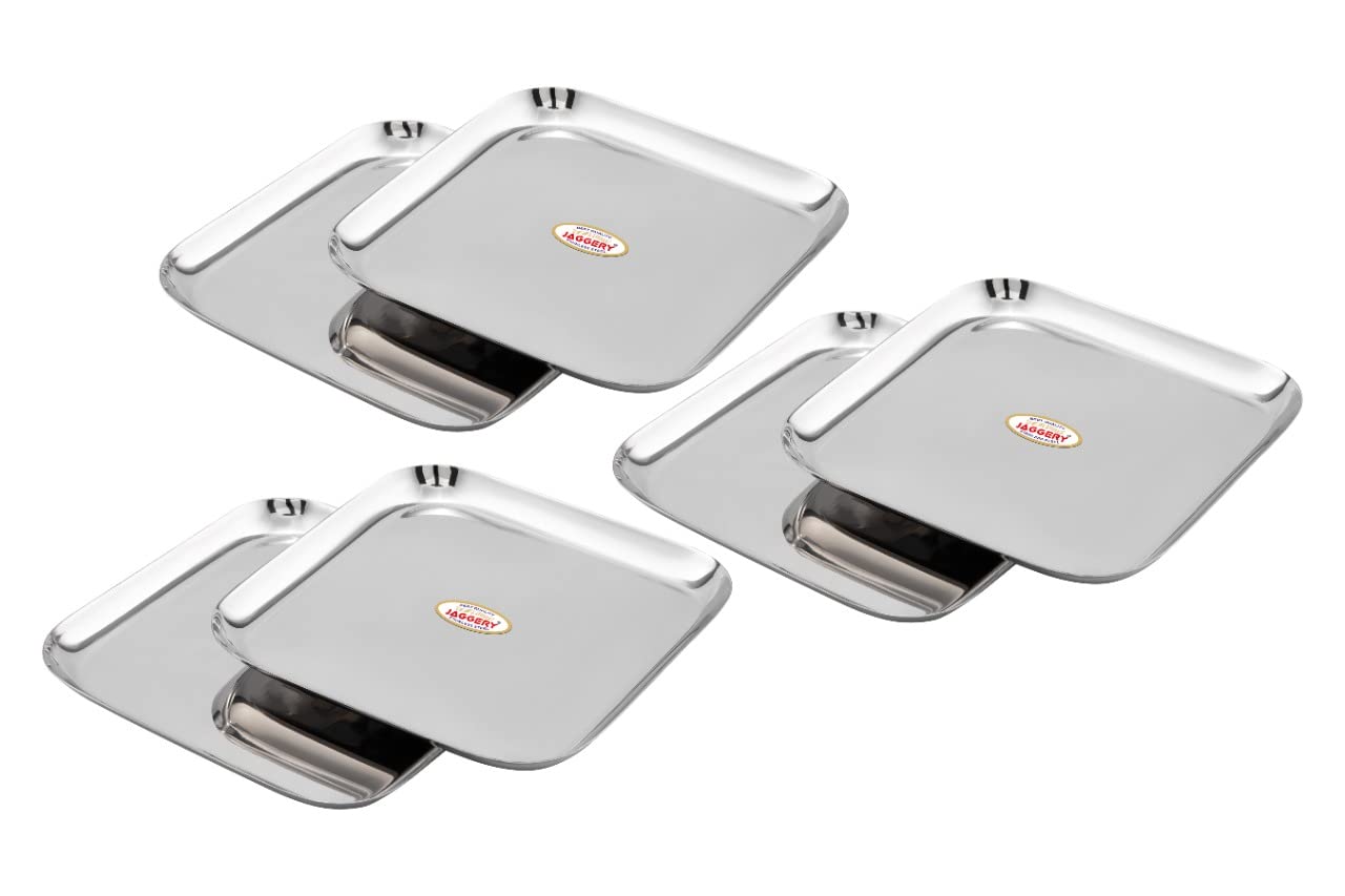 JAGGERY Stainless Steel Square Small Plate Pack of 6 (L& - 20.5cm, Weight Approx - 288 Gram per Plate) Mirror Finish for Lunch, Salad Tray, Serving Tray or Snacks Plate