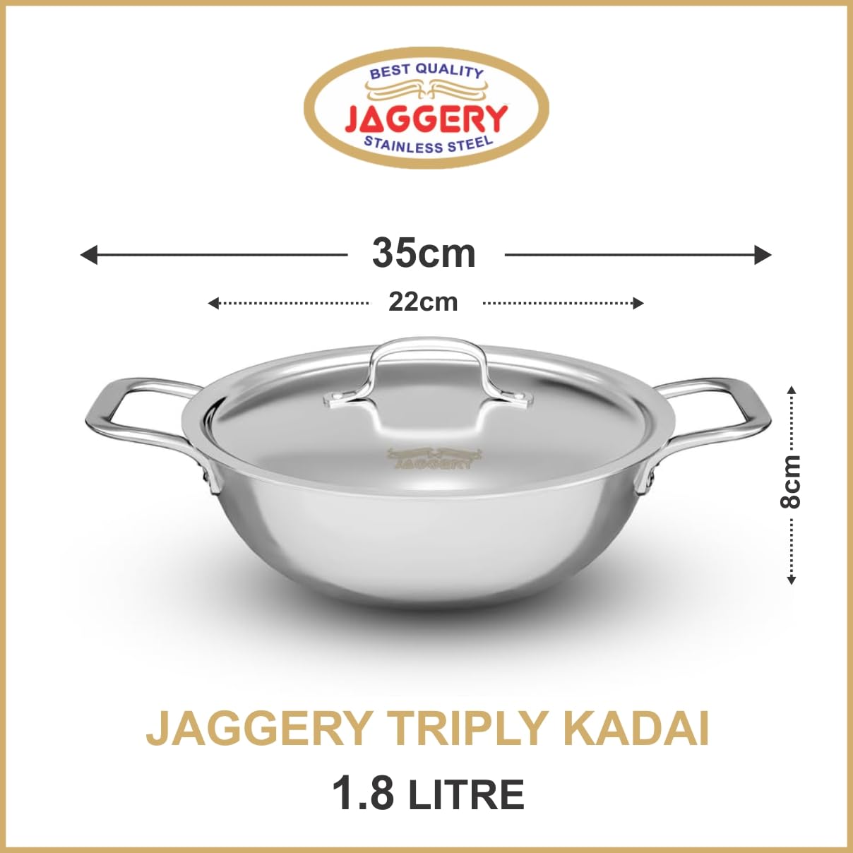 JAGGERY Triply Stainless Steel 1.8 litres Kadai with Stainless Steel Lid, 22 cm Kadhai with Lid, 3 Layer Stainless Steel Cookware, Induction Bottom and Gas Stove Ready