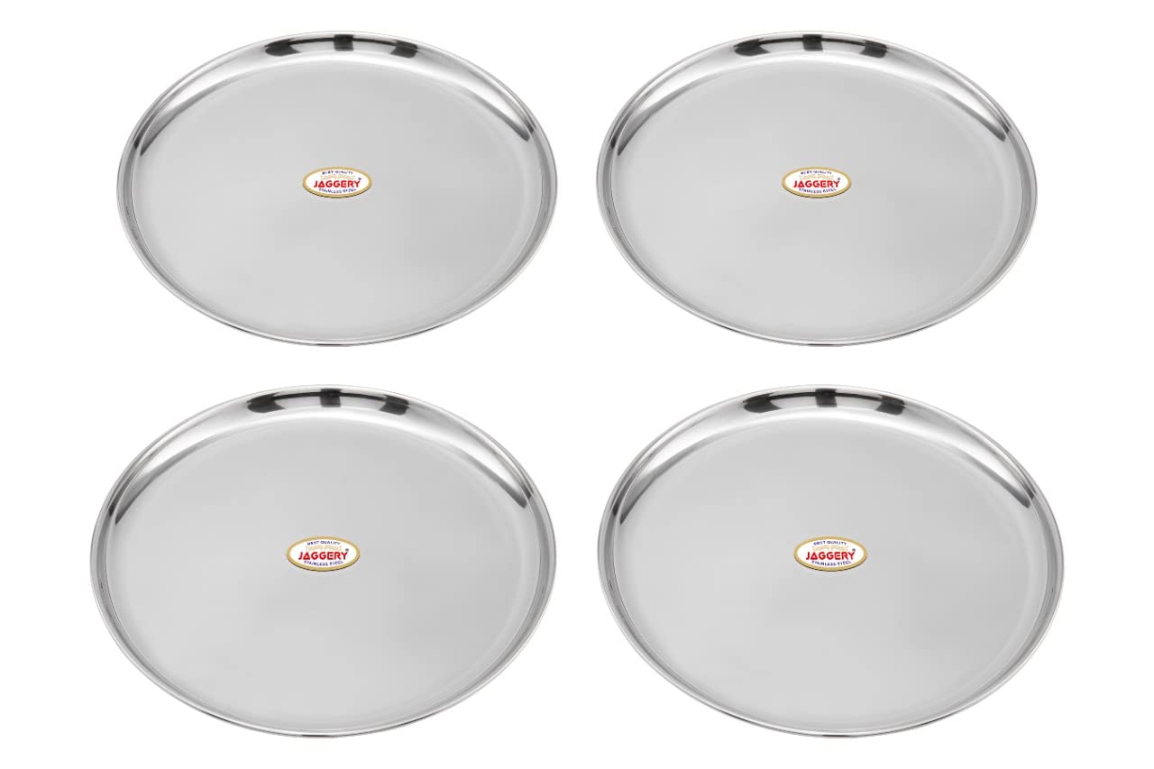 JAGGERY® Stainless Steel Dinner Thali, Lunch Dinner Thali Plates, Bangla Bogi Full/Standard Size Plate,Pack of 4, Dia - 26 Cm