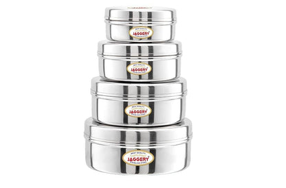 JAGGERY® Stainless Steel Flat Lid Container 4 Pcs Set, Puri Dabba Round Shape -Capacity-200ml,300ml,450ml,650ml (Dia-9.5cm,11cm,12.5cm,14.5cm)