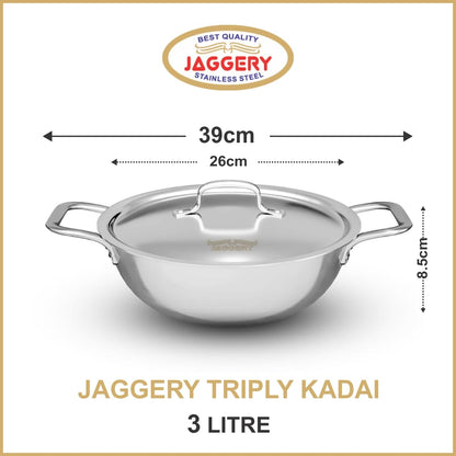 JAGGERY Triply Stainless Steel 3 litres Kadai with Stainless Steel Lid, 26 cm Kadhai with Lid, 3 Layer Stainless Steel Cookware, Induction Bottom and Gas Stove Ready