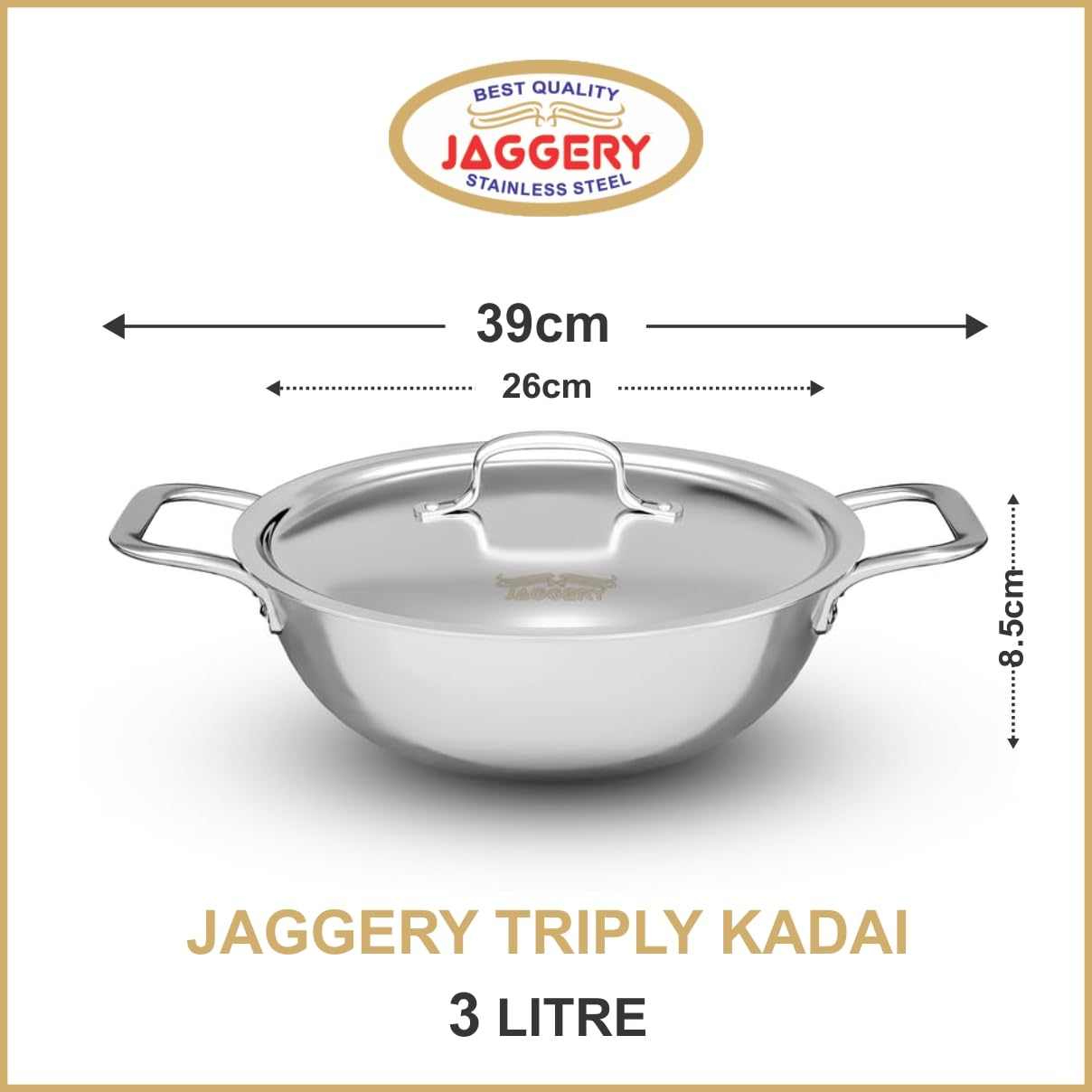 JAGGERY Triply Stainless Steel 2.5 litres Kadhai, 24cm Kadai, 3 Layer Stainless Steel Cookware, Induction Bottom and Gas Stove Ready