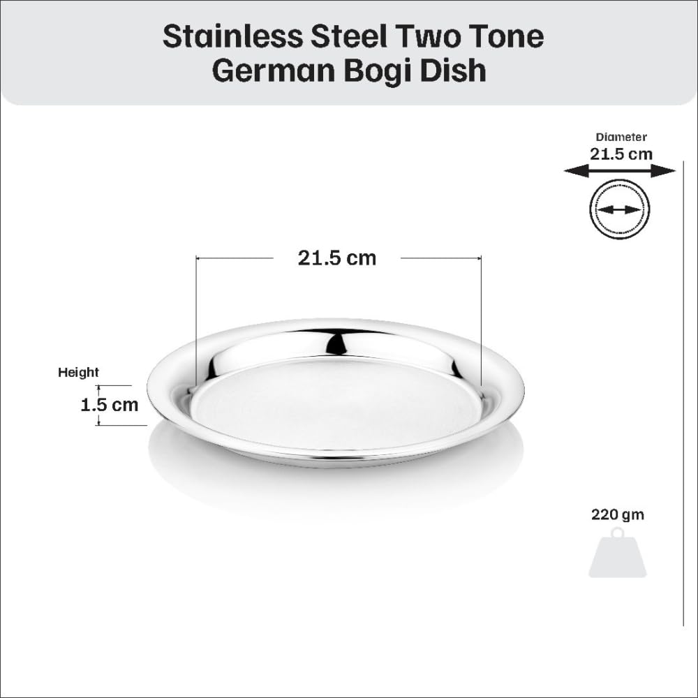 Vinod Stainless Steel Two Tone German Bogi Dish – Serving Dish/Salad Plate/Snack Plate, Set of 6 Pieces, Diameter 21.5 cm, Smokey Grey, Small