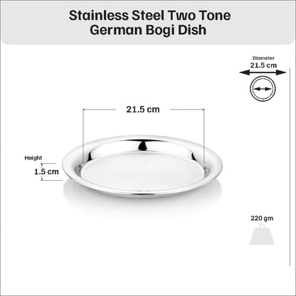 Vinod Stainless Steel Two Tone German Bogi Dish – Serving Dish/Salad Plate/Snack Plate, Set of 6 Pieces, Diameter 21.5 cm, Smokey Grey, Small
