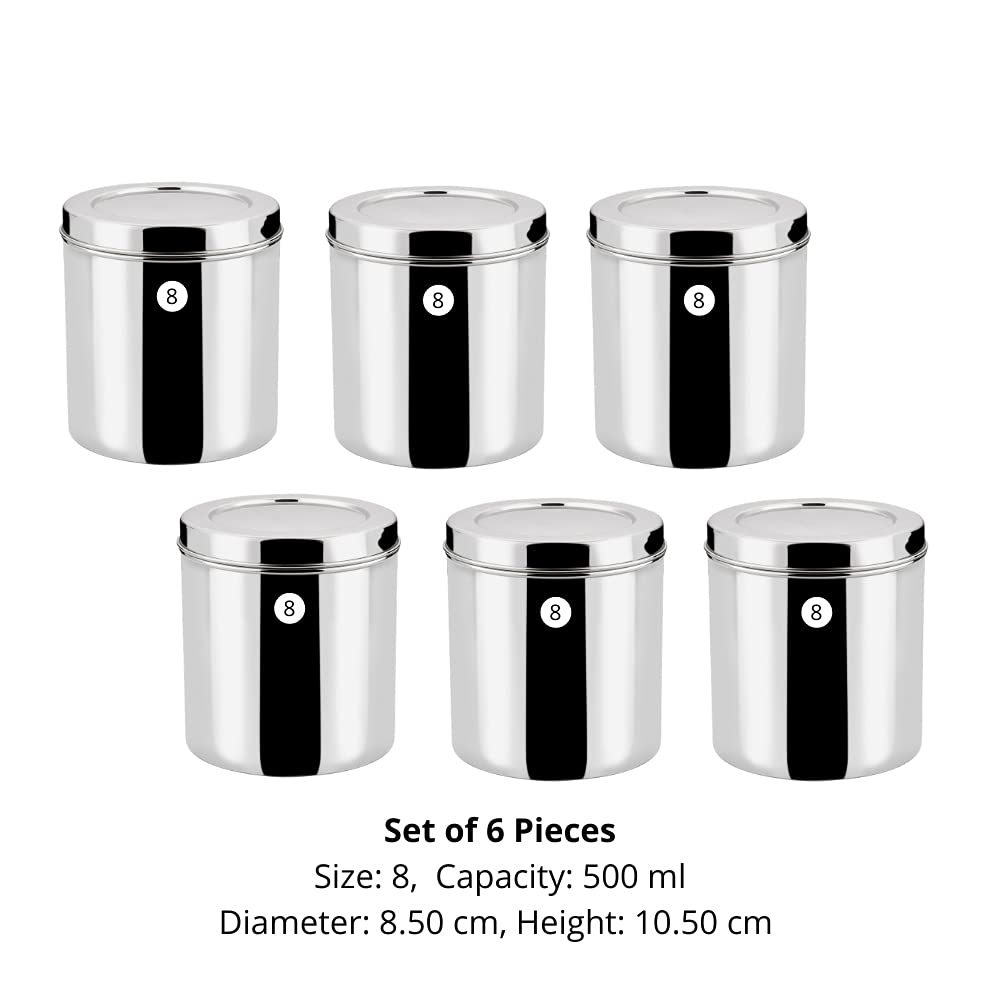Vinod Stainless Steel Deep Dabba 500 ml - Set of 6 Pieces, Airtight Steel Container, Silver, Small