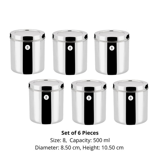Vinod Stainless Steel Deep Dabba 500 ml - Set of 6 Pieces, Airtight Steel Container, Silver, Small