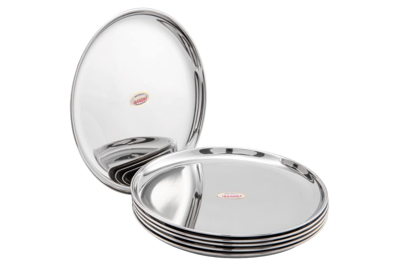 JAGGERY® Stainless Steel Dinner Thali, Lunch Dinner Thali Plates, Bangla Bogi Full/Standard Size Plate,Pack of 6, Dia - 26 Cm
