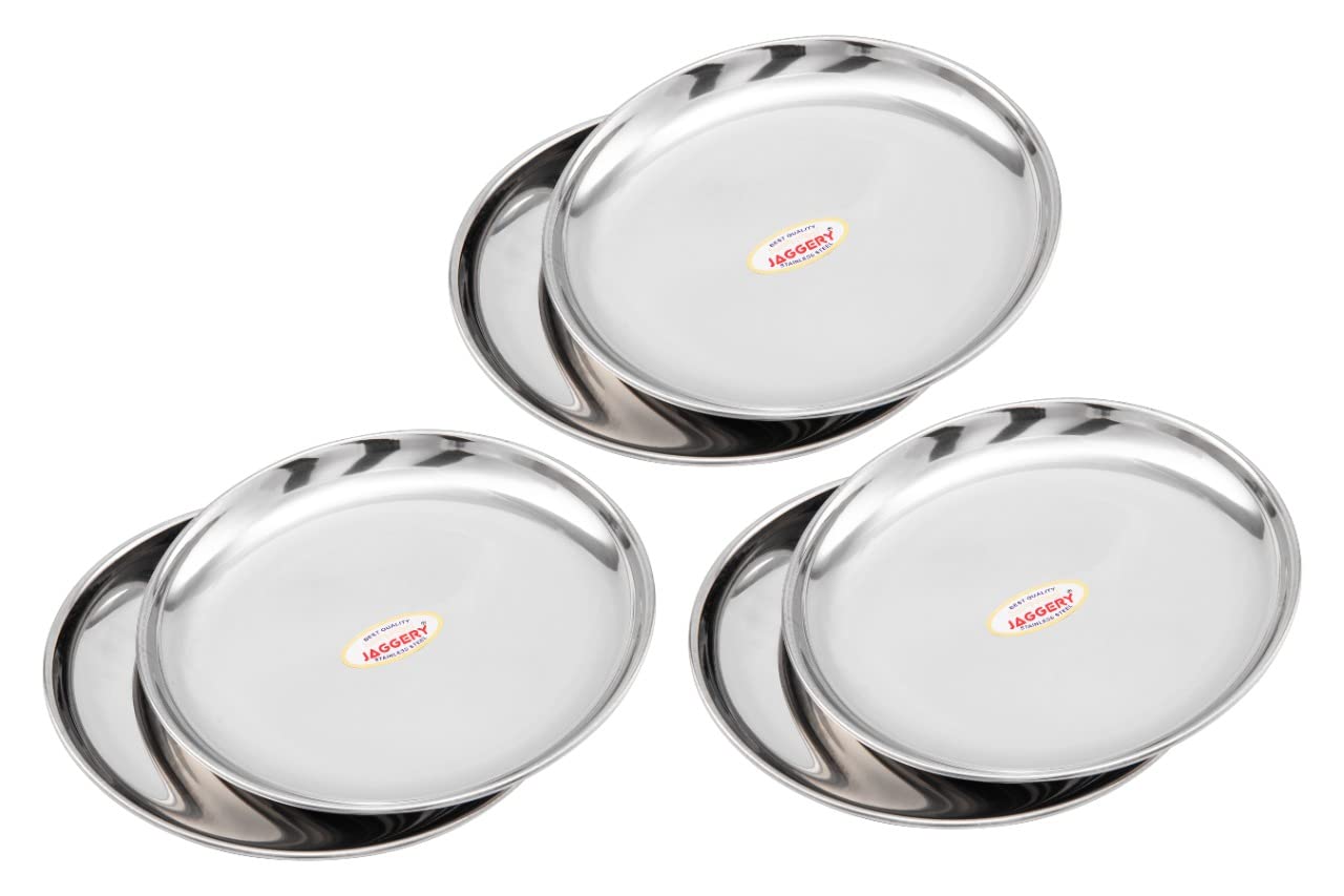 JAGGERY® Stainless Steel Dinner Thali,Lunch Dinner Thali Plates,Bangla Bogi Small/Quarter Plate,Pack of 6, Dia - 18.5 Cm