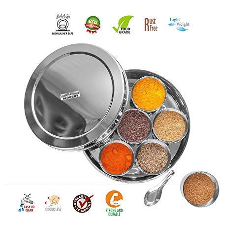 JAGGERY Stainless Steel Masala (Spice) Box/Dabba/Organizer with 7 Containers and Small Spoon (Dia- 7.1 Inch_18 Cm, Height - 2.8 Inch_7 Cm, Silver)
