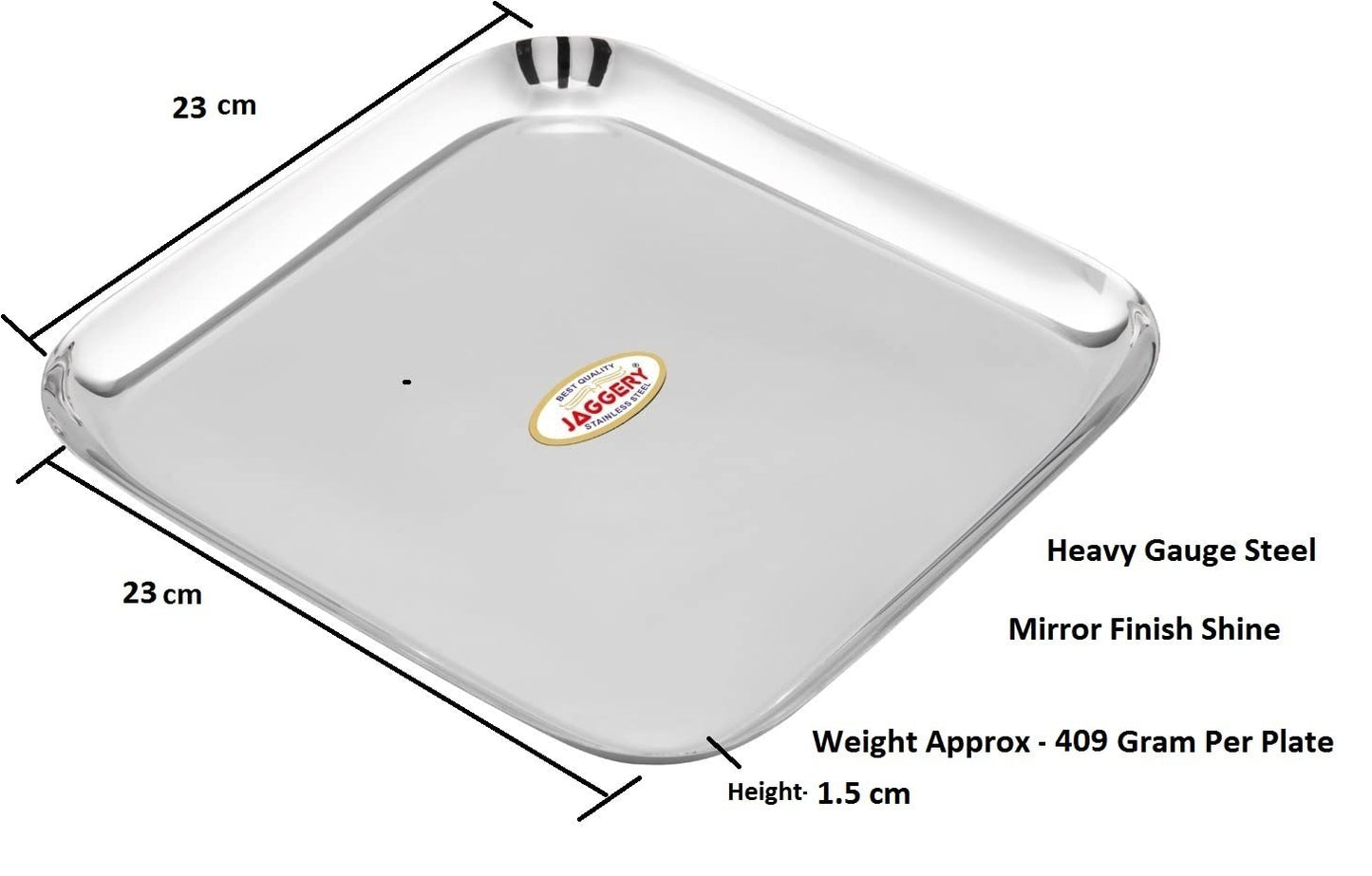 JAGGERY Stainless Steel Square Medium Plate Pack of 6 (L&W - 23 cm, Weight Approx - 409 gram per Plate) Mirror Finish for Lunch, Salad Tray, Serving Tray or Snacks Plate