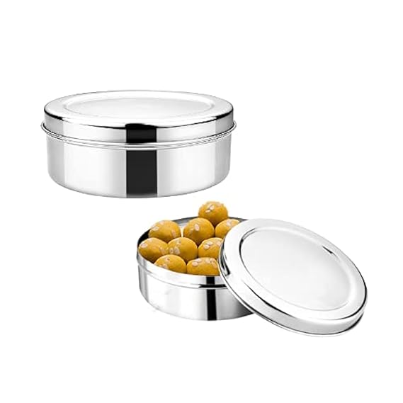 Vinod Stainless Steel Puri Dabba, Food Storage Container, Airtight Container – Pack of 2, Capacity 1500 ml & 2100 ml, Smokey Grey, Large (VINODPURID2PC1521)