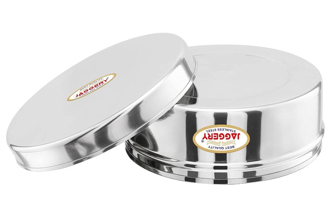 JAGGERY® Stainless Steel Flat Lid Container 4 Pcs Set, Puri Dabba Round Shape -Capacity-200ml,300ml,450ml,650ml (Dia-9.5cm,11cm,12.5cm,14.5cm)