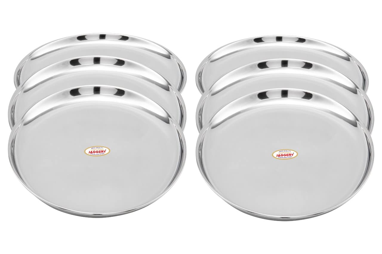 JAGGERY® Stainless Steel Dinner Thali, Lunch Dinner Thali Plates, Bangla Bogi Full/Standard Size Plate,Pack of 6, Dia - 26 Cm