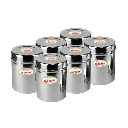 JAGGERY® Stainless Steel Tall Container, Ubha Dabba (Set of 6) (Dia_8 cm, Height_ 11 cm, Capacity_ 350 ml)