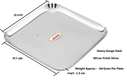 JAGGERY Stainless Steel Square Small Plate Pack of 2 (L&W -20.5cm, Weight Approx - 288 Gram per Plate) Mirror Finish Small Plate for Lunch, Salad Tray, Serving Tray or Snacks Plate
