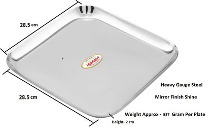 JAGGERY Stainless Steel Square Jumbo Dinner Plate Pack of 2 (L&W - 28.5cm, Weight Approx - 537 gram per Plate) Mirror Finish for Lunch, Salad Tray, Serving Tray or Snacks Plate