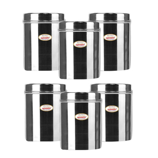 JAGGERY Stainless Steel Tall Container, Ubha Dabba (Set Of 6) (Dia_7.5 CM, Height_ 10 CM, Capacity_ 250 ML),Silver