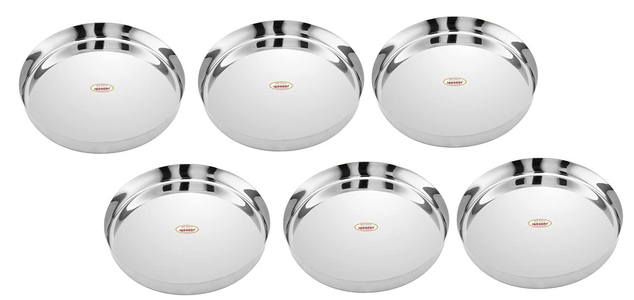 JAGGERY® Stainless Steel Heavy Gauge Dinner Plates, Lunch Dinner Thali Plates,(Khumcha-14, Dia 30 cm (Pack of 6)