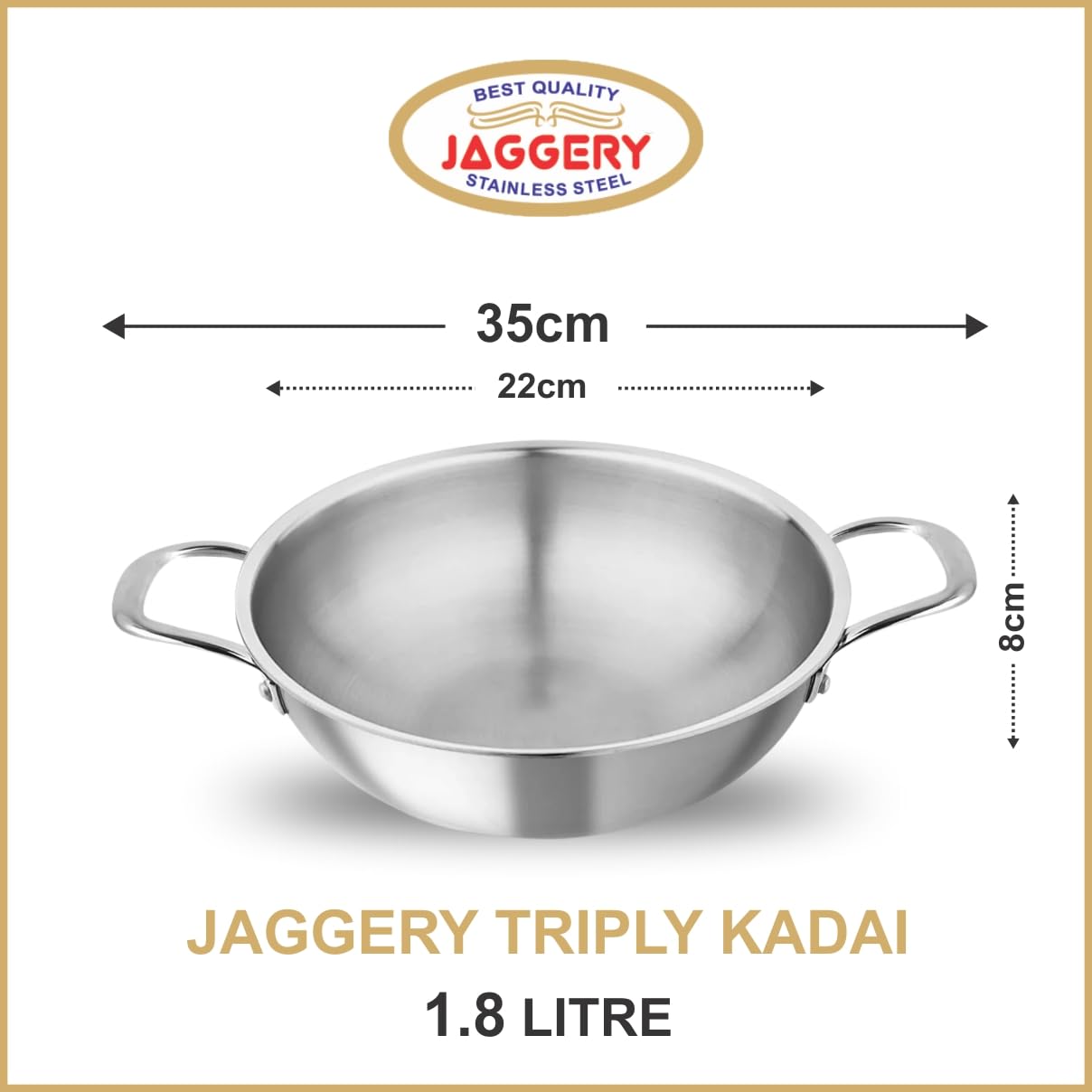JAGGERY Triply Stainless Steel 1.8 litres Kadhai, 22cm Kadai, 3 Layer Stainless Steel Cookware, Induction Bottom and Gas Stove Ready