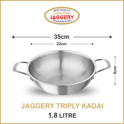JAGGERY Triply Stainless Steel 1.8 litres Kadhai, 22cm Kadai, 3 Layer Stainless Steel Cookware, Induction Bottom and Gas Stove Ready