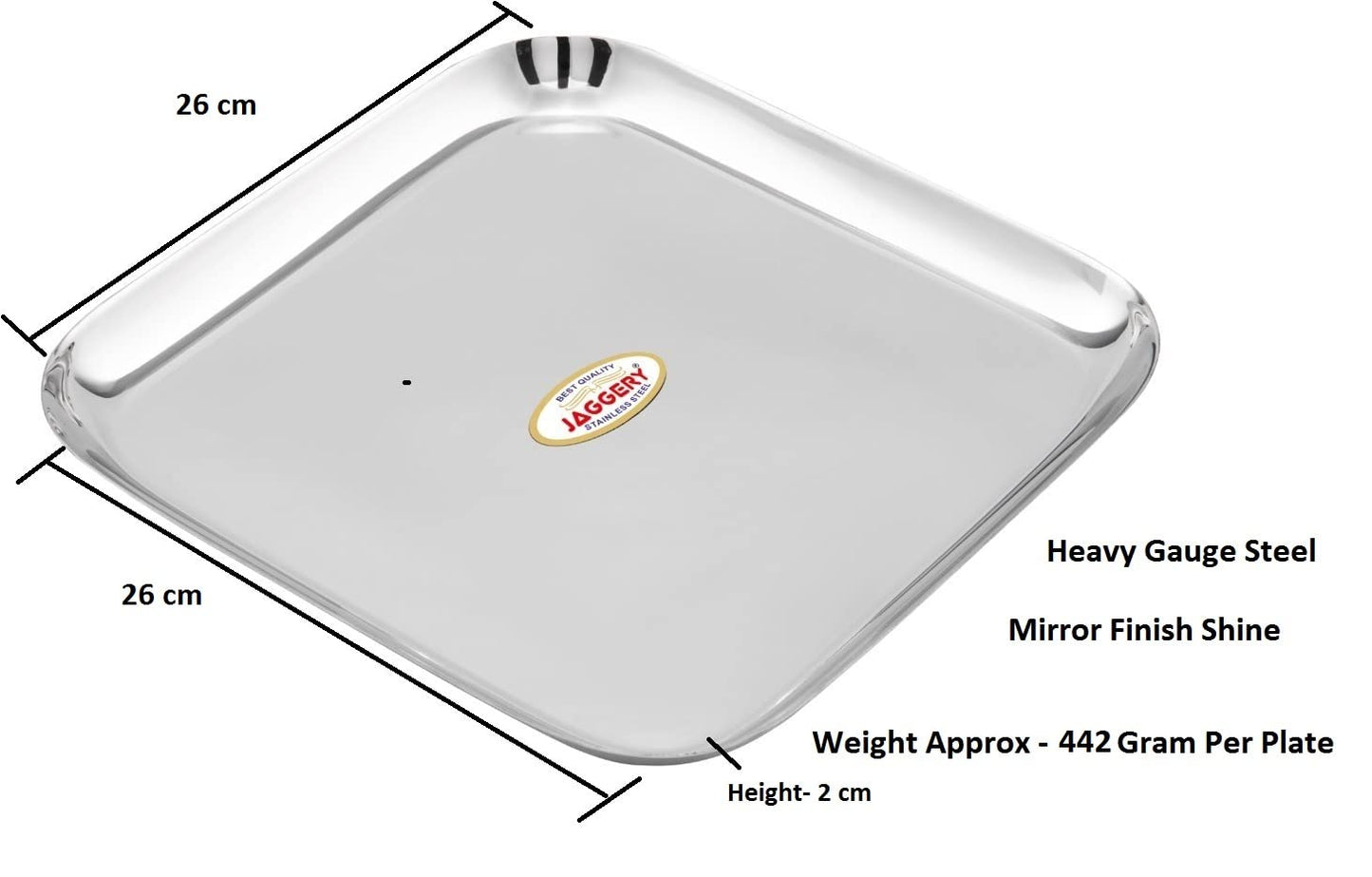 JAGGERY Stainless Steel Square Full Dinner Plate Pack of 4 (L&W - 26cm, Weight Approx - 442 gram per Plate) Lunch, Salad Tray, Serving Tray or Snacks Plate