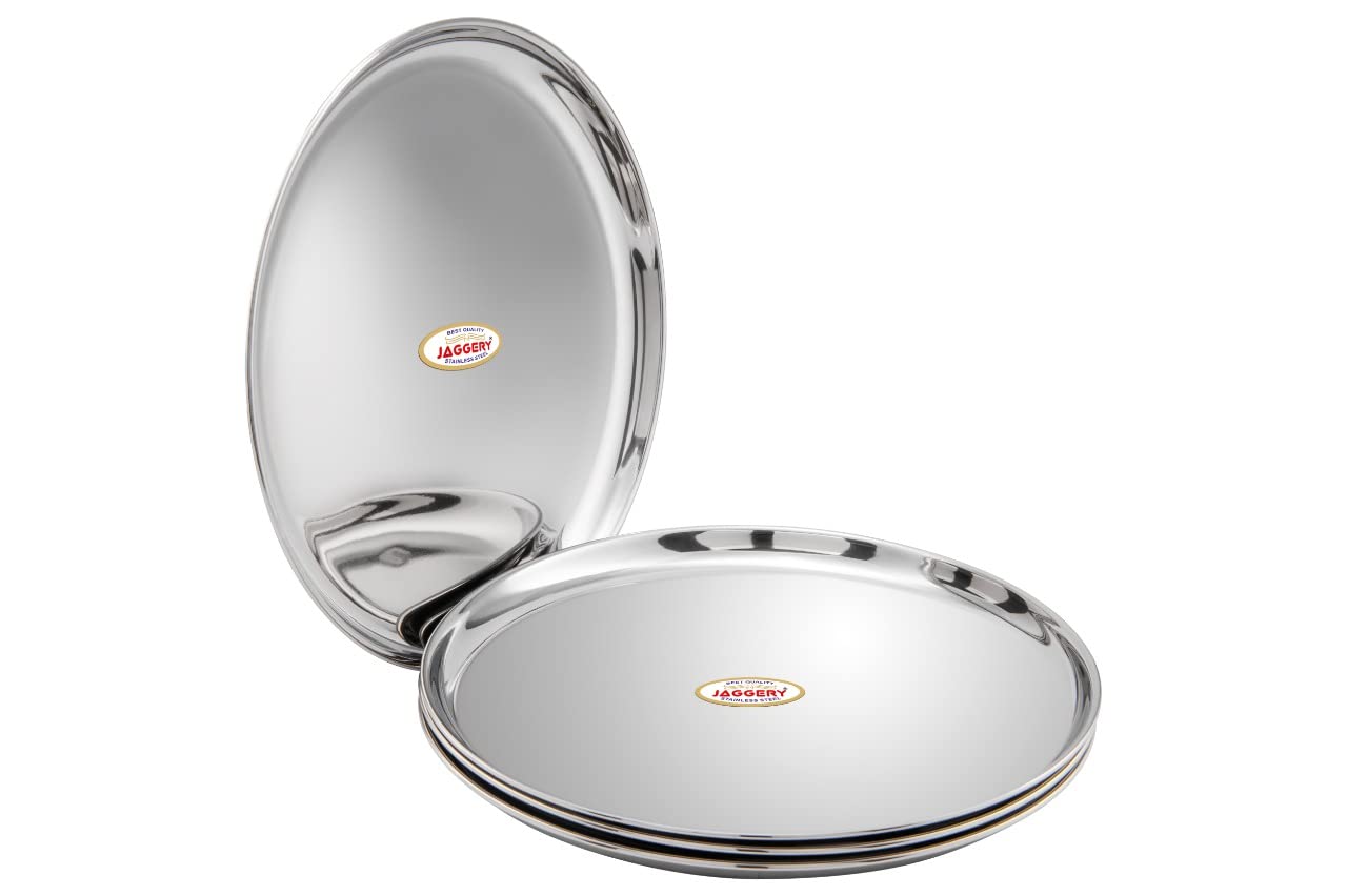 JAGGERY® Stainless Steel Dinner Thali, Lunch Dinner Thali Plates, Bangla Bogi Jumbo Plate,Pack of 4, Dia - 28.4Cm
