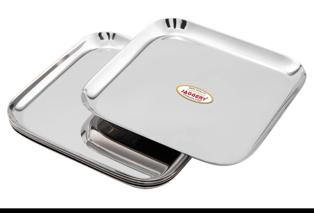 JAGGERY Stainless Steel Square Medium Dinner Plate Pack of 2 (L&W - 23cm, Weight Approx - 409 gram per Plate) Mirror Finish for Lunch, Salad Tray, Serving Tray or Snacks Plate