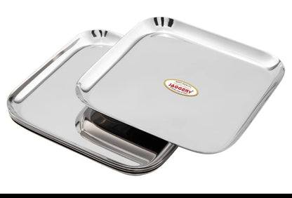 JAGGERY Stainless Steel Square Jumbo Dinner Plate Pack of 2 (L&W - 28.5cm, Weight Approx - 537 gram per Plate) Mirror Finish for Lunch, Salad Tray, Serving Tray or Snacks Plate