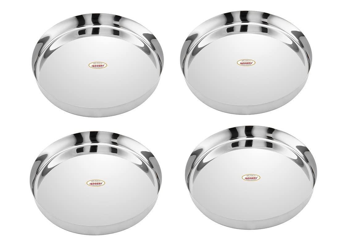JAGGERY® Stainless Steel Heavy Gauge Dinner Plates, Lunch Dinner Thali Plates, (Khumcha-13, Dia 28 cm (Pack of 4)