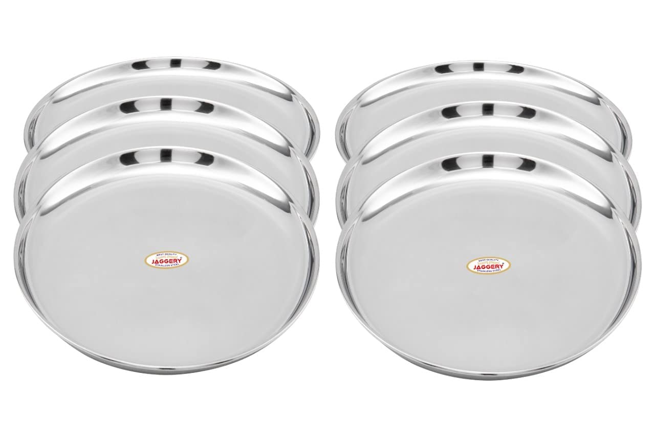 JAGGERY® Stainless Steel Dinner Thali, Lunch Dinner Thali Plates, Bangla Bogi Full/Standard Size Plate,Pack of 6, Dia - 26 Cm