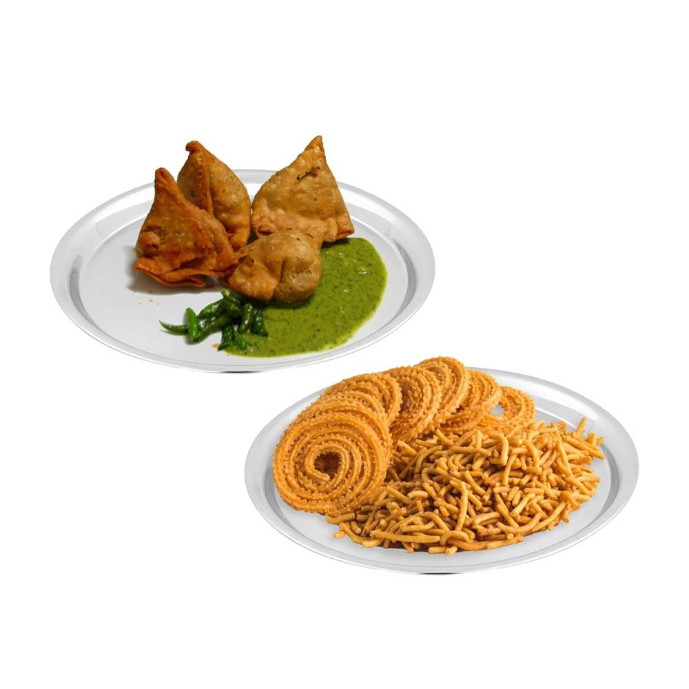 Vinod Stainless Steel Two Tone German Bogi Dish – Serving Dish/Salad Plate/Snack Plate, Set of 4 Pieces, Diameter 21.5 cm, Smokey Grey, Small