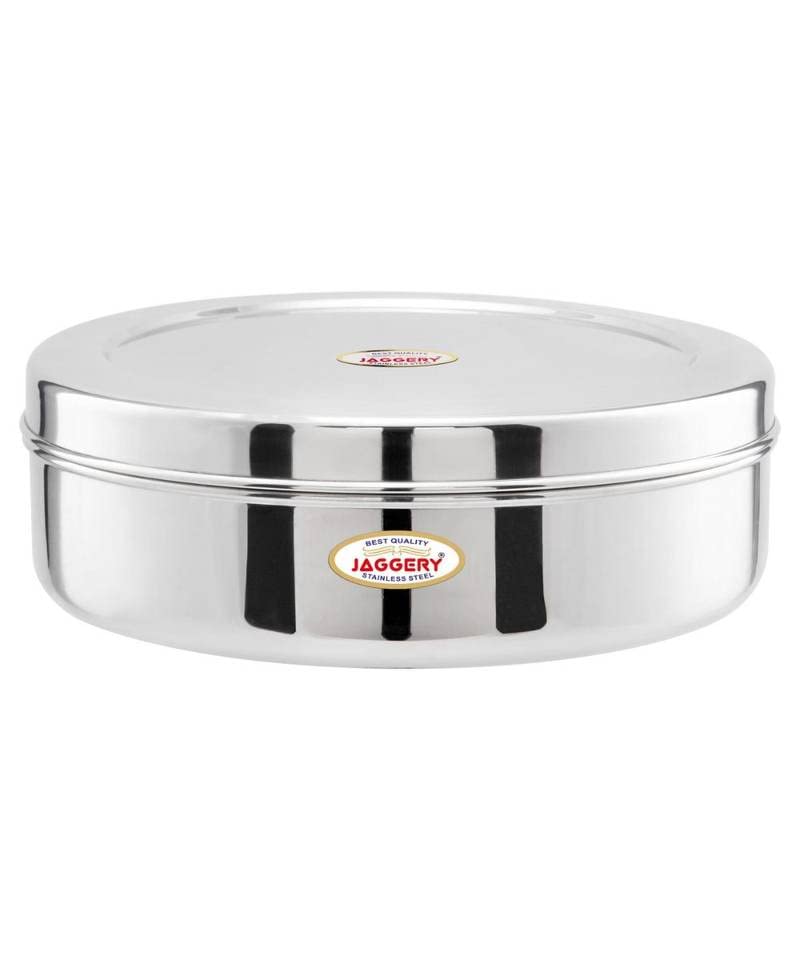 JAGGERY Steel Heavy Mirror Finished Papad Dabba/Multi Purpose Container (Dia- 24cm)